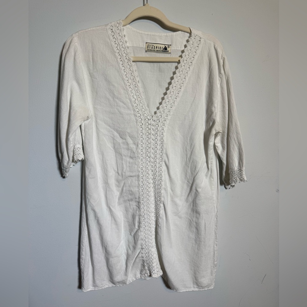 Seaspice Cotton Tunic Top Boho Coastal Beach Cover Up Crochet Trim Cottagecore S